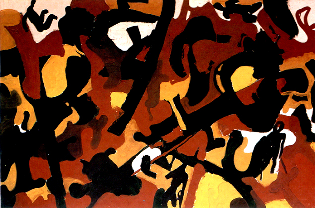 Chandraguptha Thenuwara: «Camouflage», maleriet som introduserer «Barrelism»-konseptet; 100 x 149,5 cm, 1997